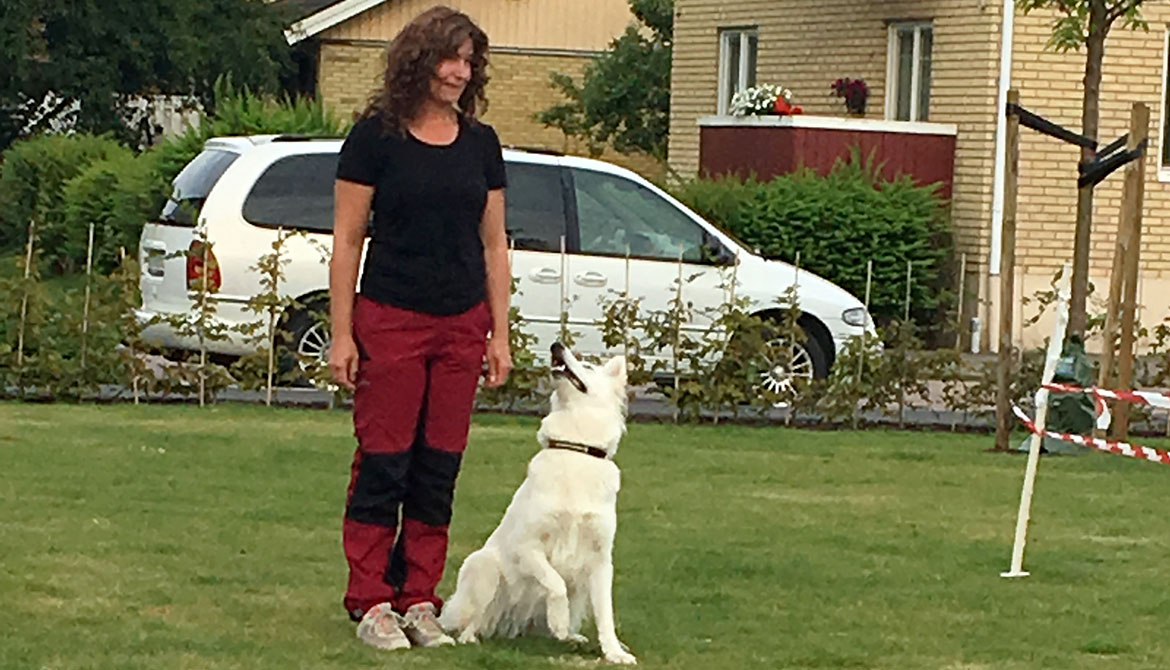 Kvinna går med en vit hund