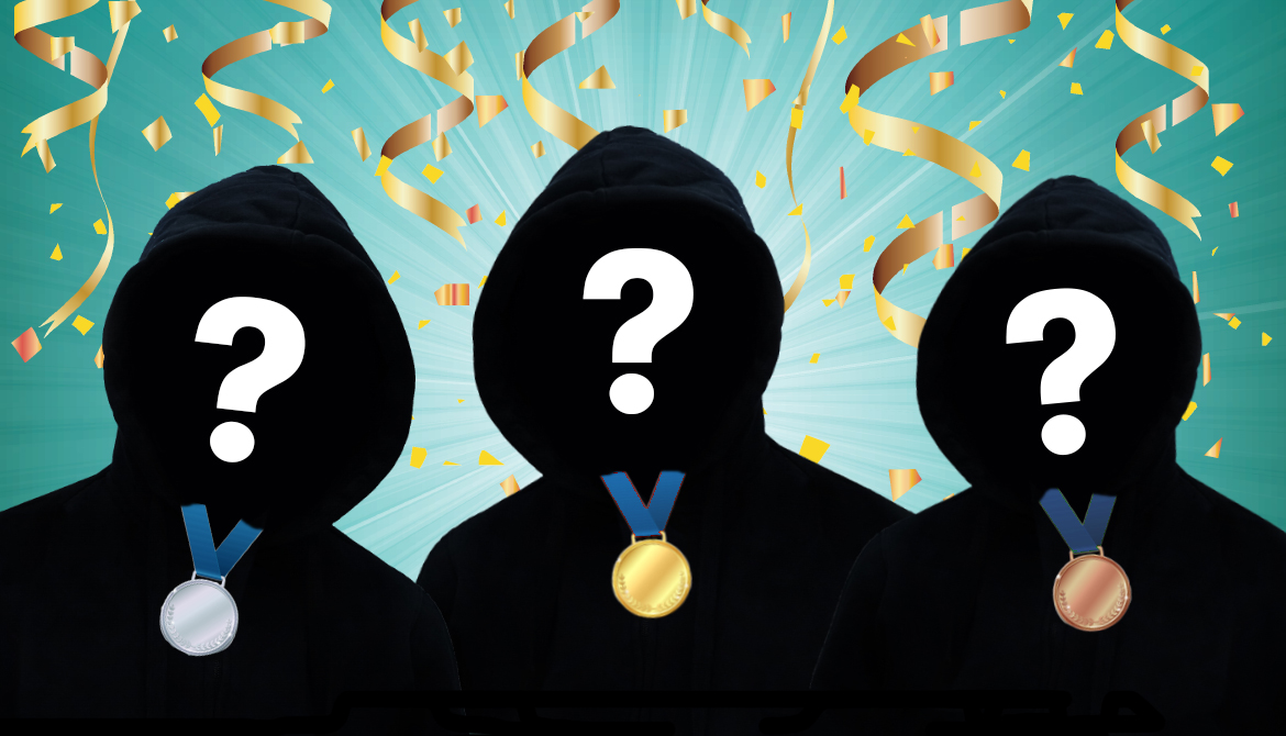Konfetti i guld ramlar ner över tre anonyma personer.  Personerna har varsin medalj om halsen.