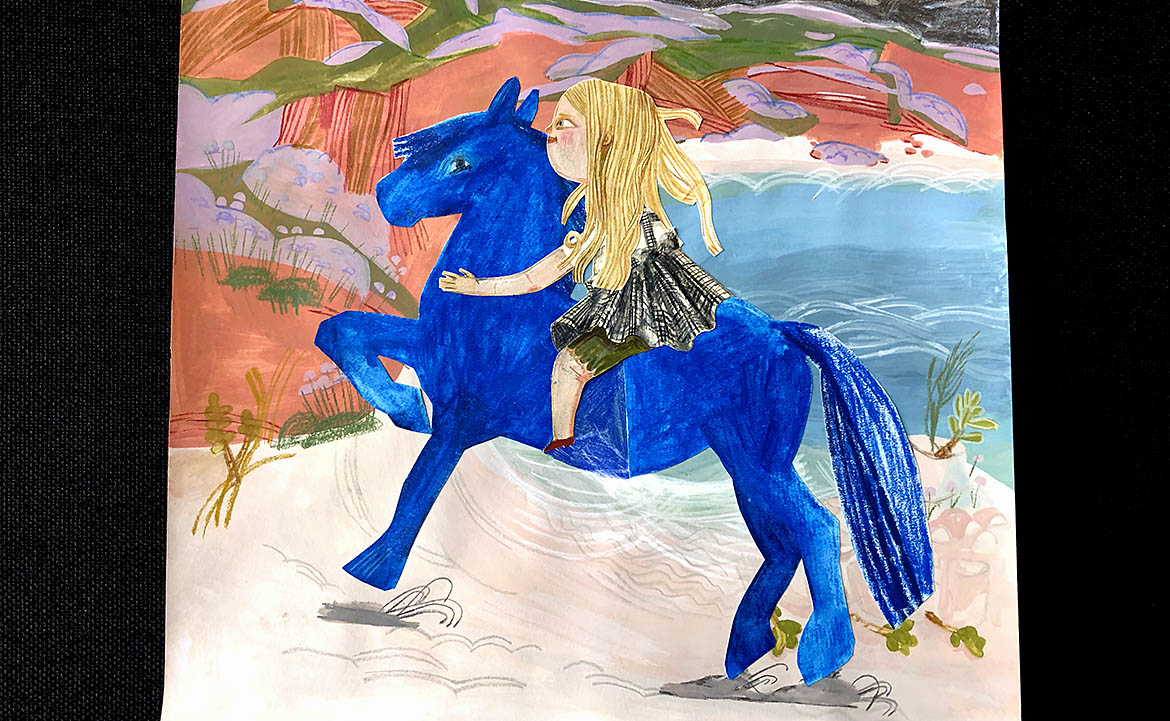 Målning med flicka på blå häst