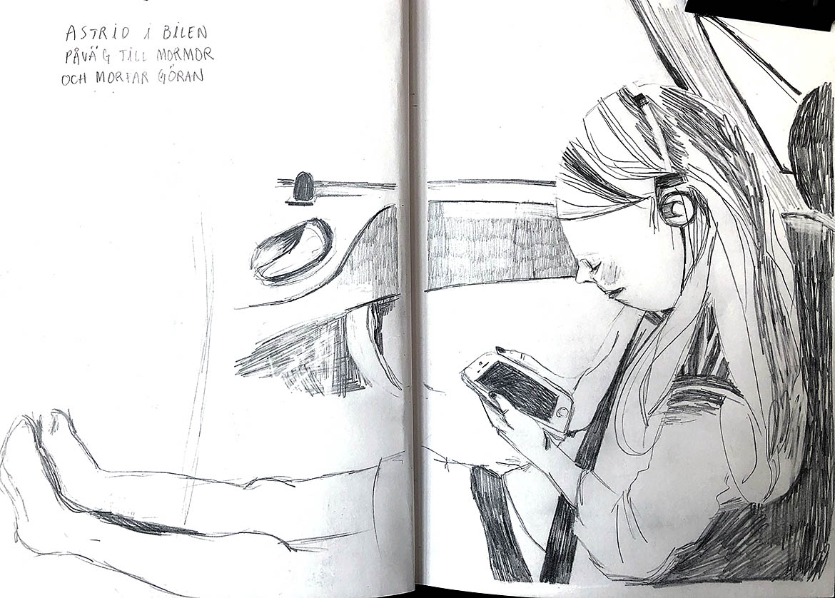 Teckning med flicka i bil