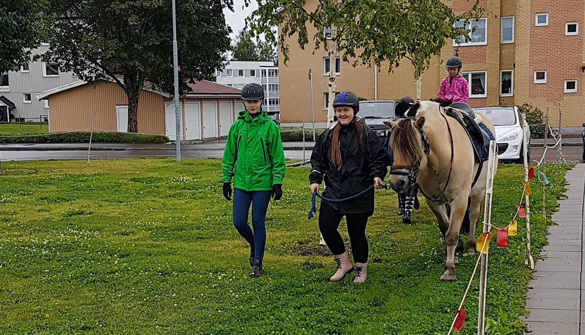 Två flickor och en häst med ett barn i sadeln