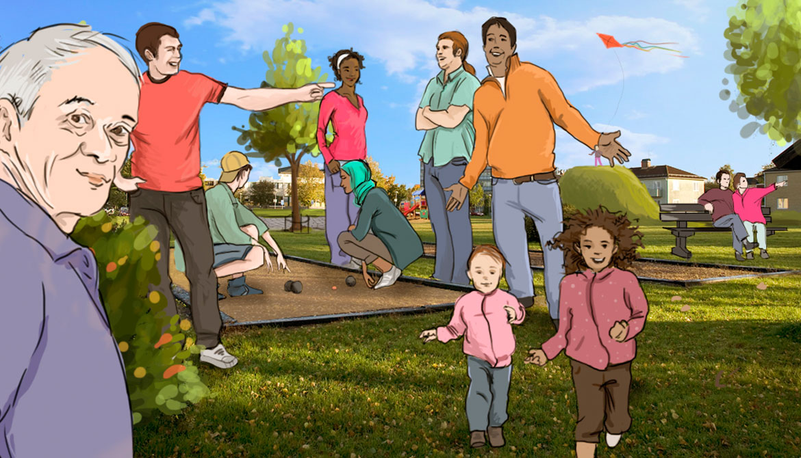 Illustrerad bild av både unga och äldre människor som spelar Boule. 
