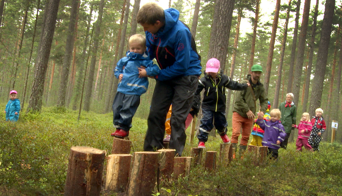barn och vuxna vid balansstockar i skogen