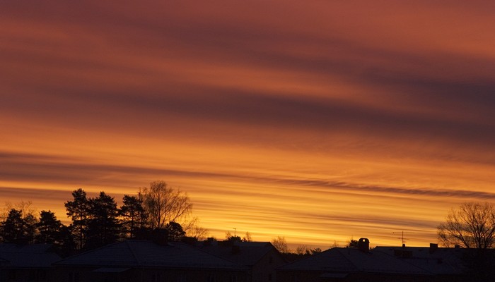 Soluppgång med orange himmel över hustaken.