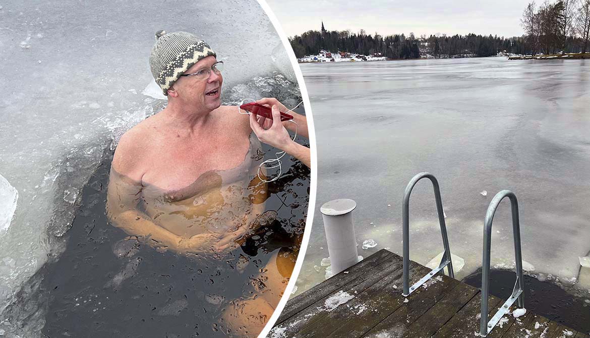 Kilsbon Richard Cohn badar i en isvak. Bredvid syns badstegen som leder ner till Nedre Frykens vatten.