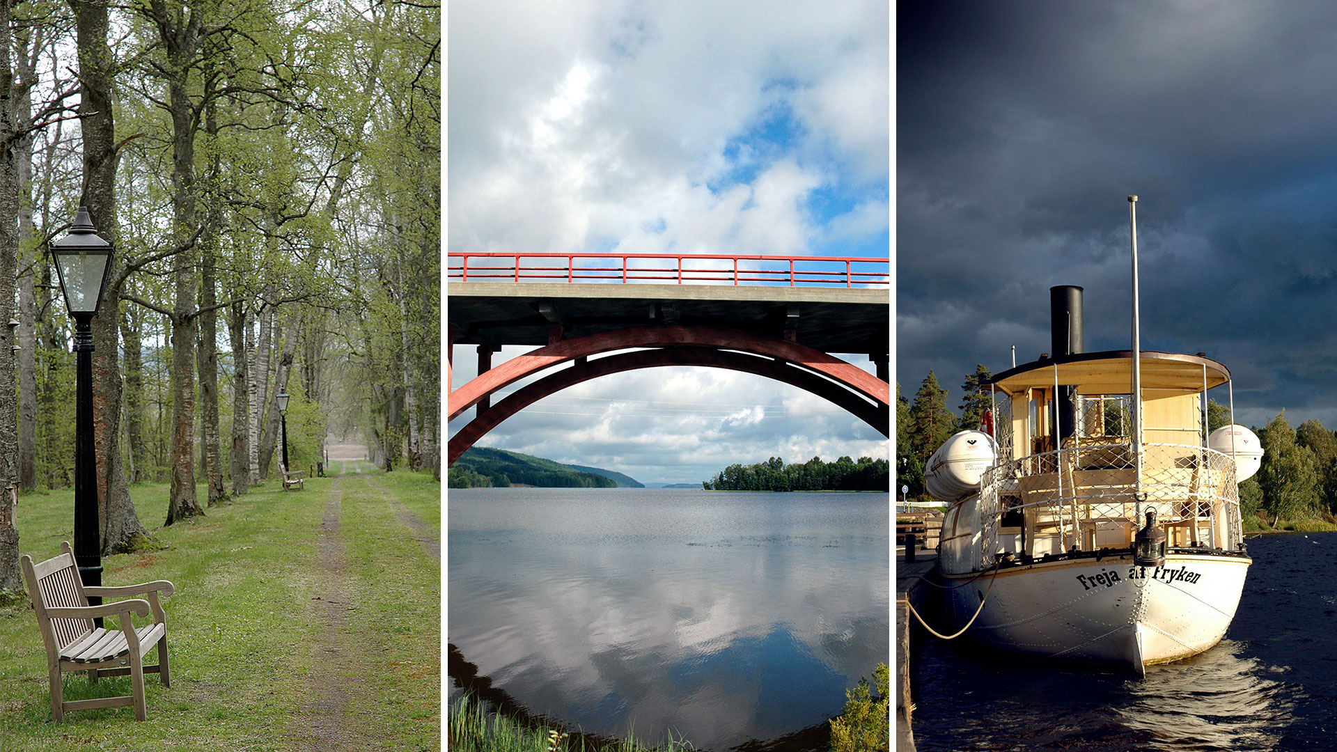 Tre bilder från Kils kommun: Apertin, bron i Nilsby och båten Freja.